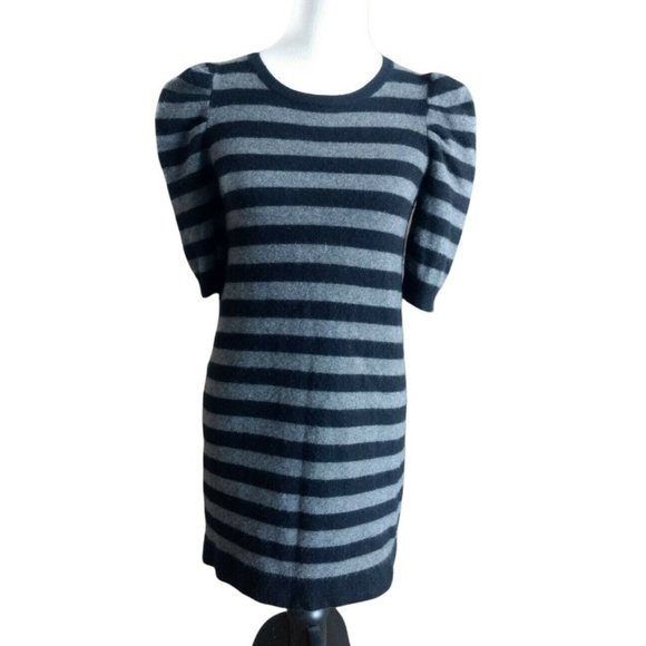 Autumn Cashmere Striped Sweater Dress Knit Size M Gray Black Puff Short Sleeve